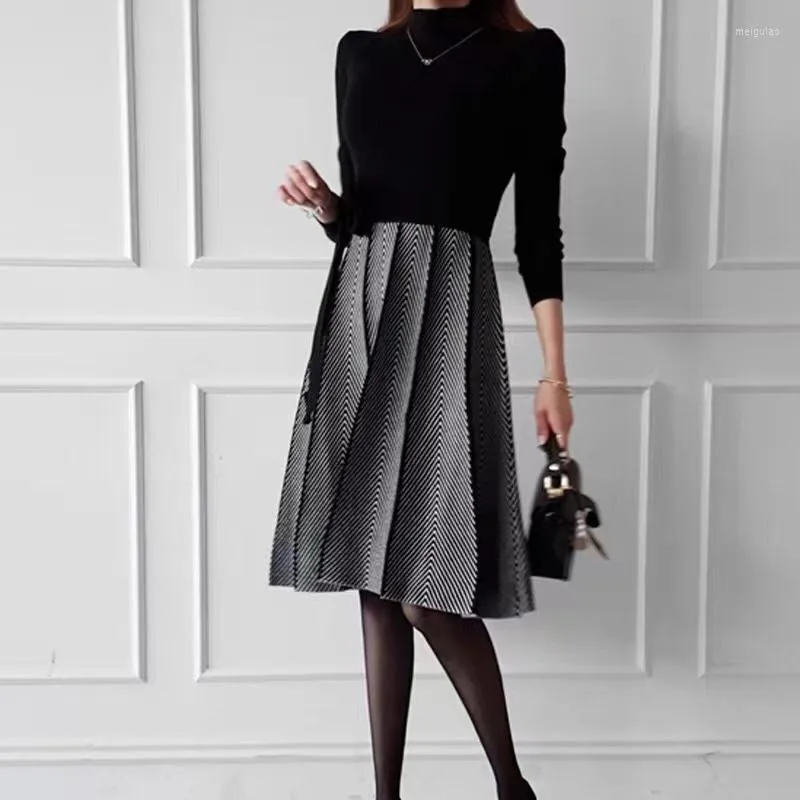 Casual Dresses Korean Elegant Black Knitted Dress For Female Fall French Temperament Half High Neck Midi Basic Bodycon Sweater G392