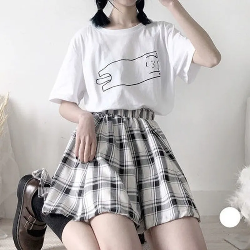 Kjolar houzhou harajuku pläd kjol kvinnor kawaii söt hög midja a-line mini kjol sommar mjuk tjej japansk stil lolita streetwear 230425