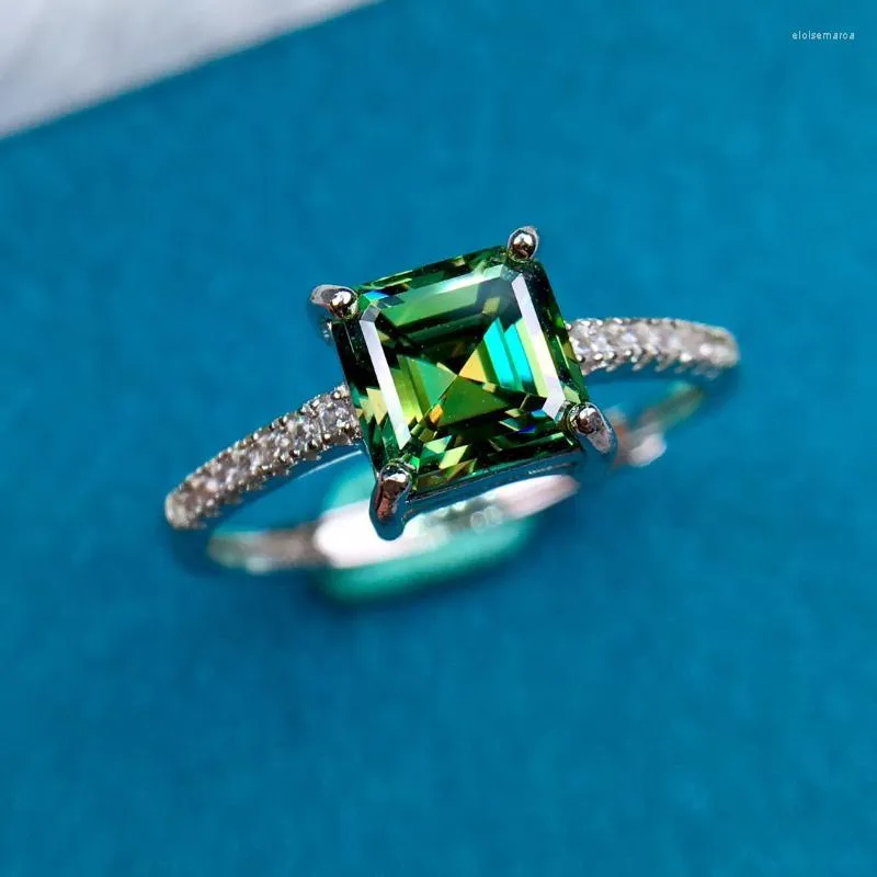 Cluster Rings Silver 925 Original Brilliant Cut 1 Diamond Test Past D Color Green Square Moissanite Ring Gift Princess Emerald Jewelry