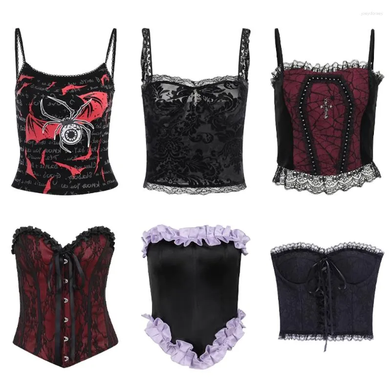 Women's Tanks Gothic Crop Tops Spaghetti Strap Mesh Slim Bustier Corset Goth Punk Grunge Fairycore Camisole Sexy Y2K Halloween Vest