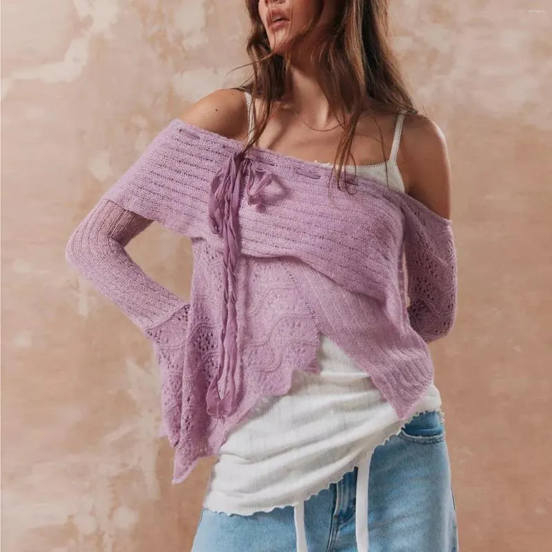 Chandails pour femmes Lairauiy Vintage épaule dénudée Flare manches longues cravate avant ourlet irrégulier couleur unie pulls hauts en tricot