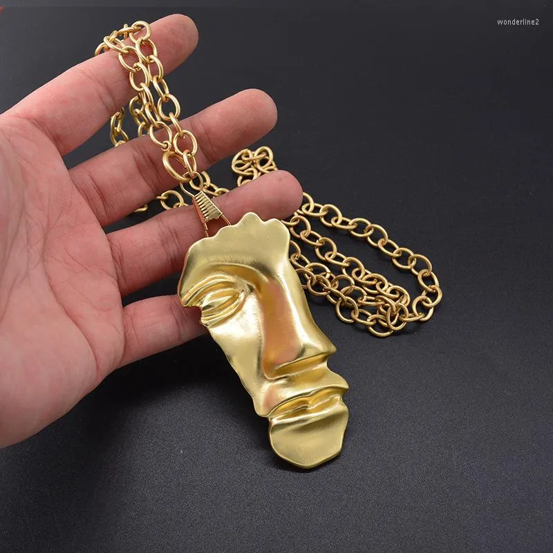 Kedjor minar unik design guldfärg metallisk huvudporträtt hänge halsband för kvinnor chunky o-kedja abstrakt ansiktshalsband gåva
