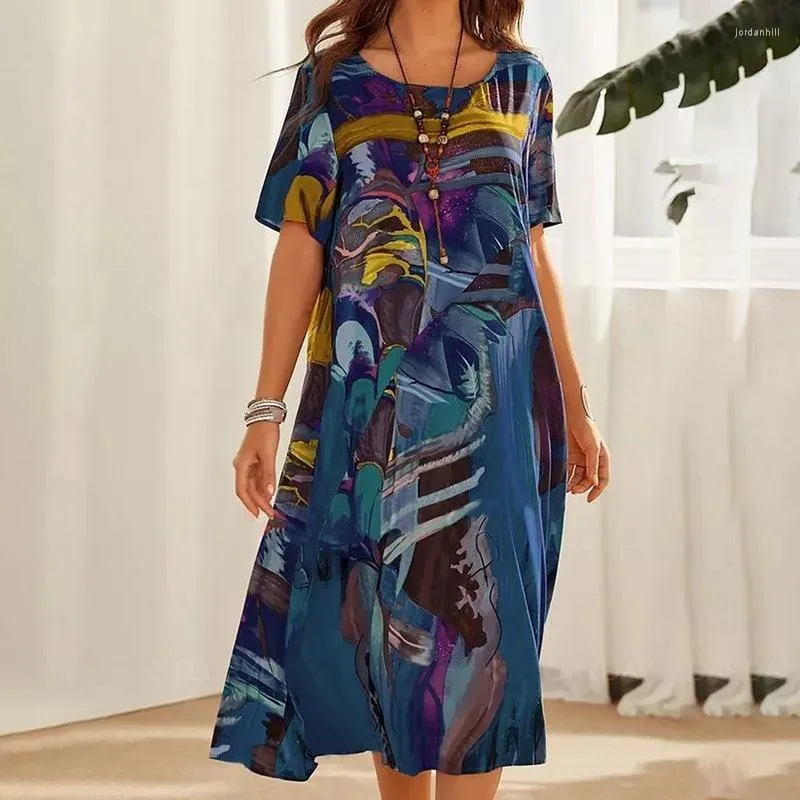 Vestidos de fiesta, vestido Midi de manga corta bohemio para mujer, verano, cuello redondo, cintura media, estampado artístico completo, longitud hasta la pantorrilla, Vestidos casuales sueltos para mujer