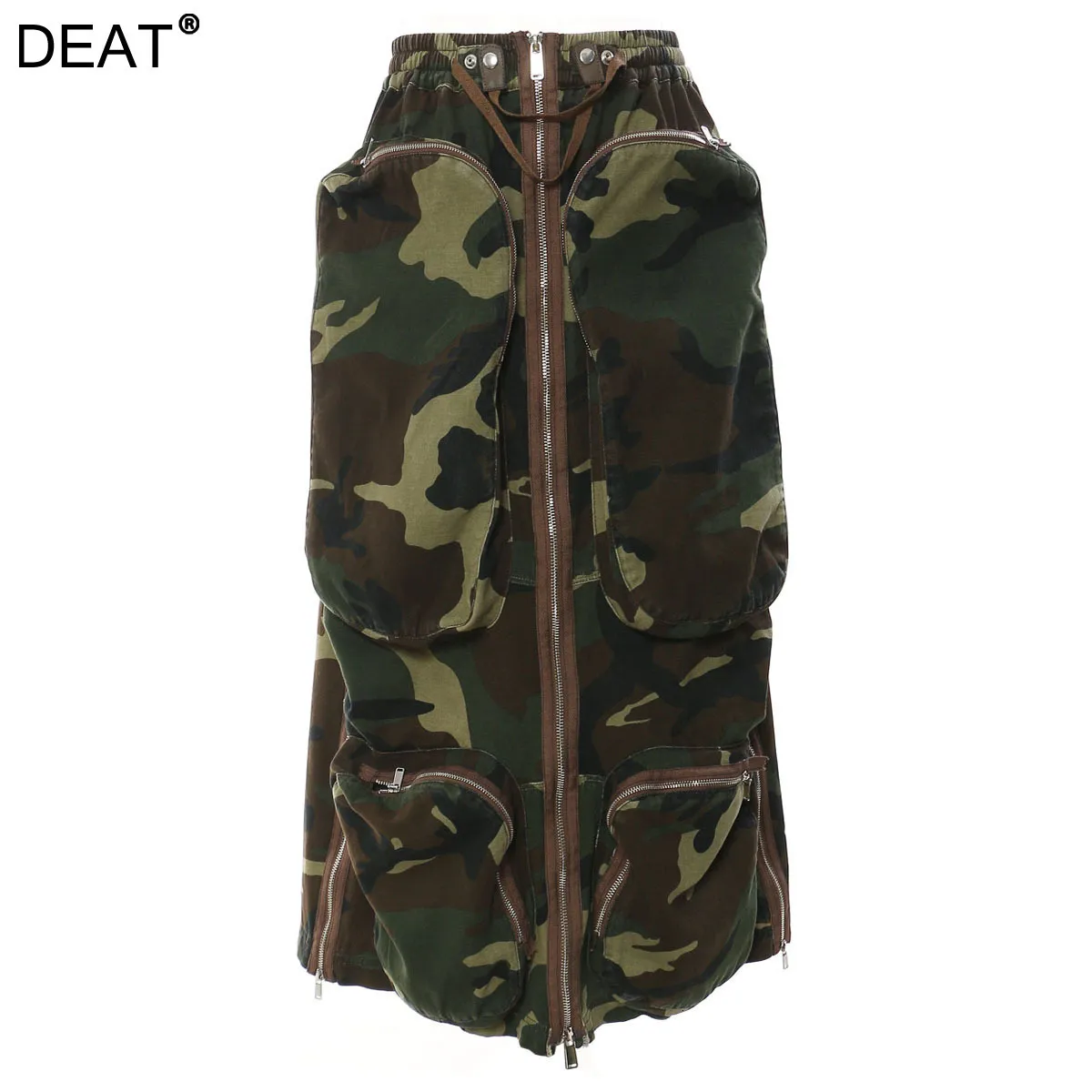 Jupes DEAT Mode Femmes Jupe Taille Haute Camouflage Tridimensionnel Fermeture Éclair Poche Côté Split Été 2023 17A6284 230424