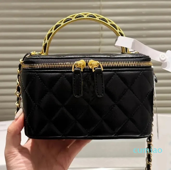Women Quilted Vanity With Chain Bag Luxury Brand Lambskin Leather Handle Trunk Shoulder Bags Lady Makeup Case Cosmetic Box Crossbody Handbag With Mirror