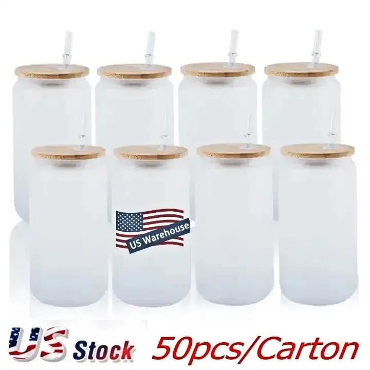 US STOCK 16oz Sublimation Glass Beer Mugs with Bamboo Lid Straw Tumblers DIY Blanks Frosted Clear Can Cups Heat Transfer Tail Iced Coffee 4.23