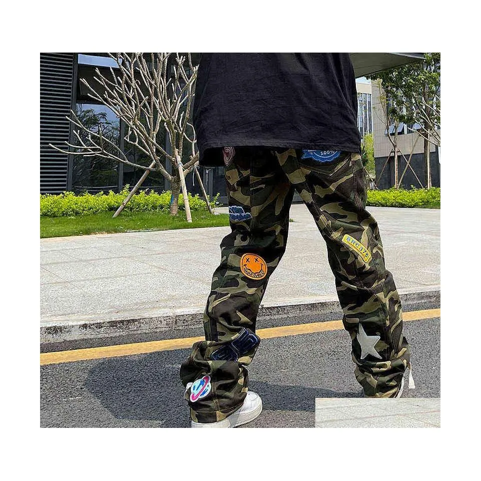 Men's Pants High Street Camuflage dżinsy męskie haftowane streetwear marka mody American Hip Hop prosty casual Cargo H1223 Drop Dhy4B