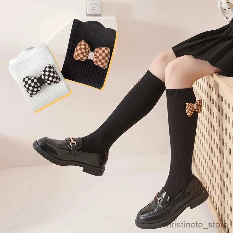 Kids Socks Princess Baby Girls Vintage Style Long Socks Cute 3D Geometric Grid Bow Over The Knee High Socks Kids Child Stockings