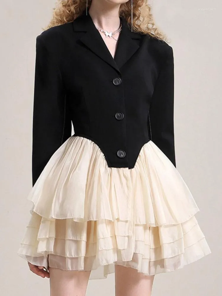 Casual Dresses Black Suit Jacket Women's Design Sense Small Number Of Organza Splicing Puffy Dress Clothes