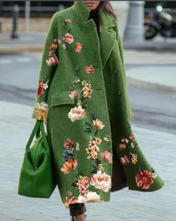 Gabardina para mujer, abrigo largo de lana con estampado Vintage de invierno, chaqueta elegante informal verde holgada con cuello vuelto a la moda de Color sólido