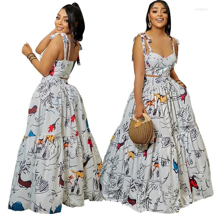 Work Dresses Women Big Swing Cape Ball Long Skirt Suit Gown Maxi Graffiti Printing And Crop Top Two 2 Piece Set Matching Chic Outfits