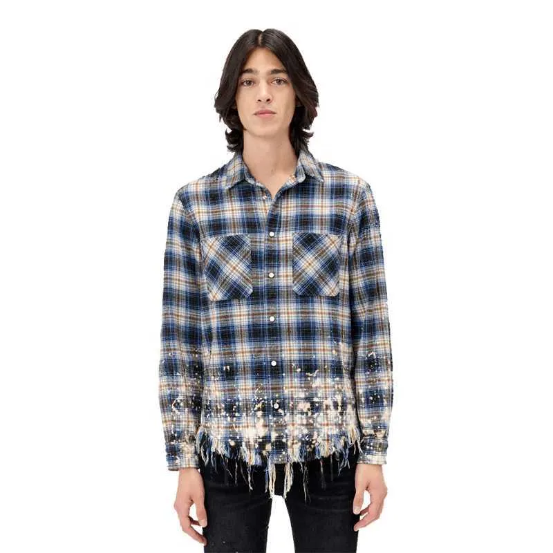 Designer Clothing Luxury Fashion Casual Shirts Trend Brand Amiiri the Speckled Tassel Wool Checked Long Sleeve Shirt Mens Womens Loose Shirt Streetwear Rock Hip hop