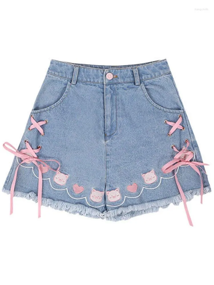 Shorts pour femmes 2023 90 Harajuku Lolita Style Denim Girly Sweet Cute Cartoon Piggy Broderie Bow Bandage Pantalon court Femmes Kawaii Jeans