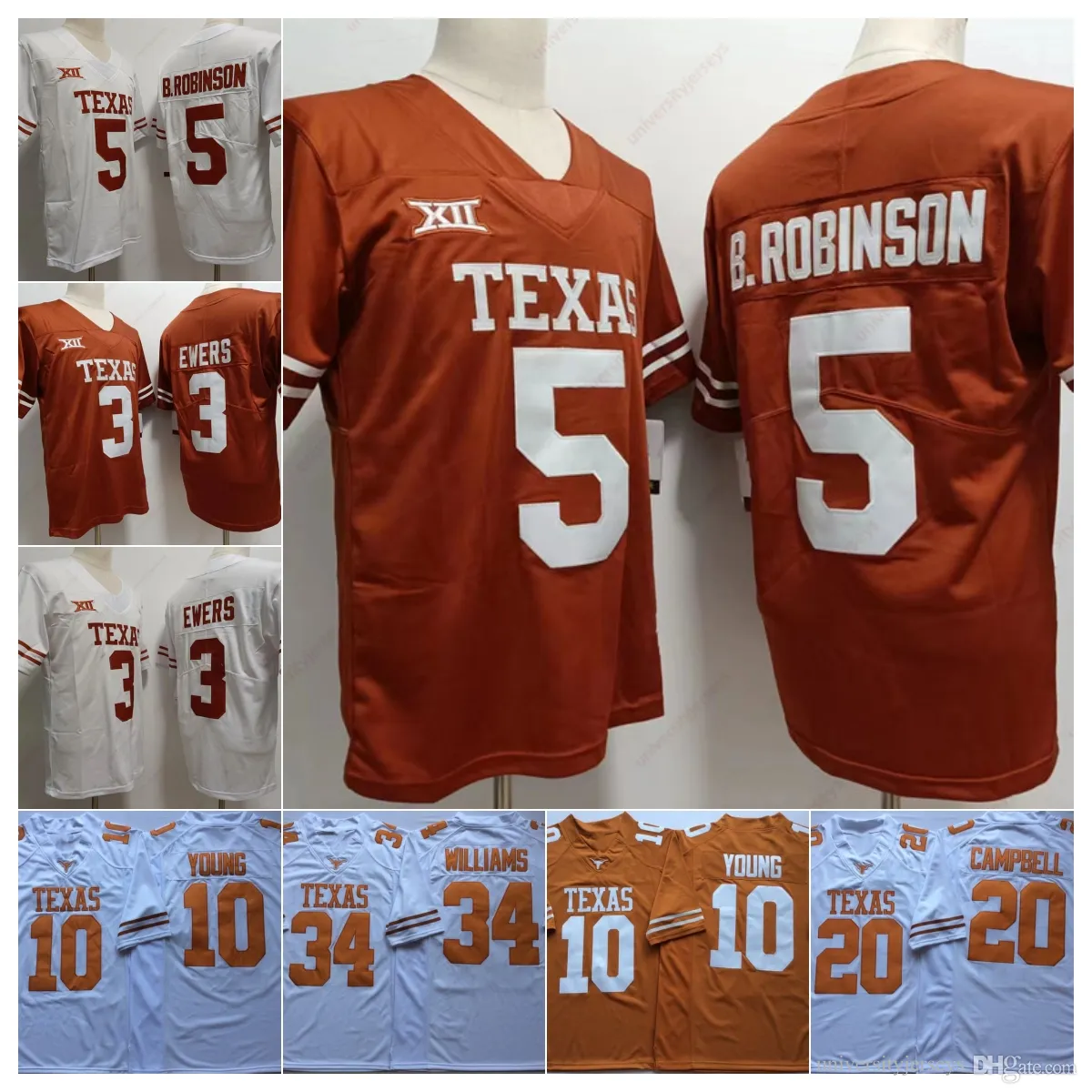 Maglia da calcio Texas Longhorns 3 Quinn Ewers 5 Adonai Mitchell 10 Vince Young 20 Earl Campbell 34 Williams maglie da uomo tutte cucite