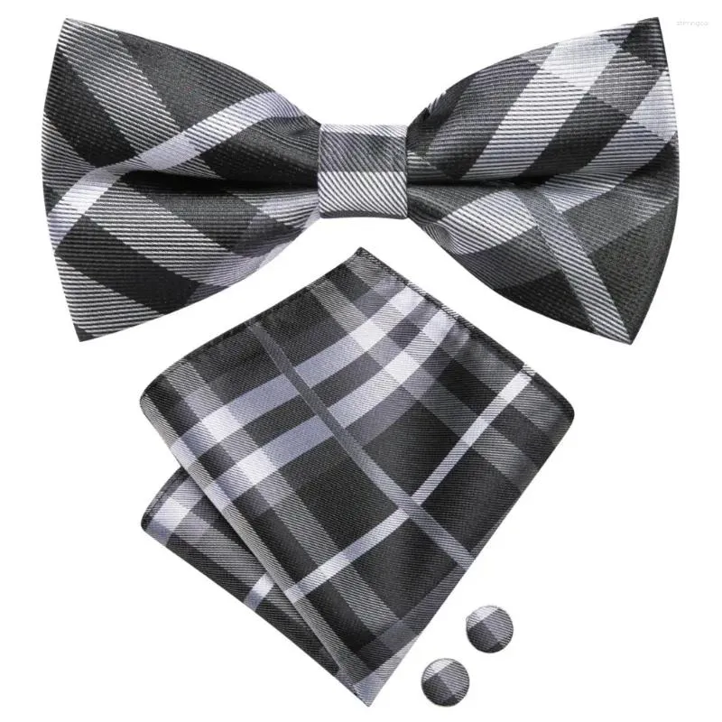 Laços Hi-Tie Cinza Xadrez Mens Gravata Hankerchief Cufflink Pré-amarrado Seda Borboleta Nó Bowtie Para Masculino Festa de Negócios Atacado