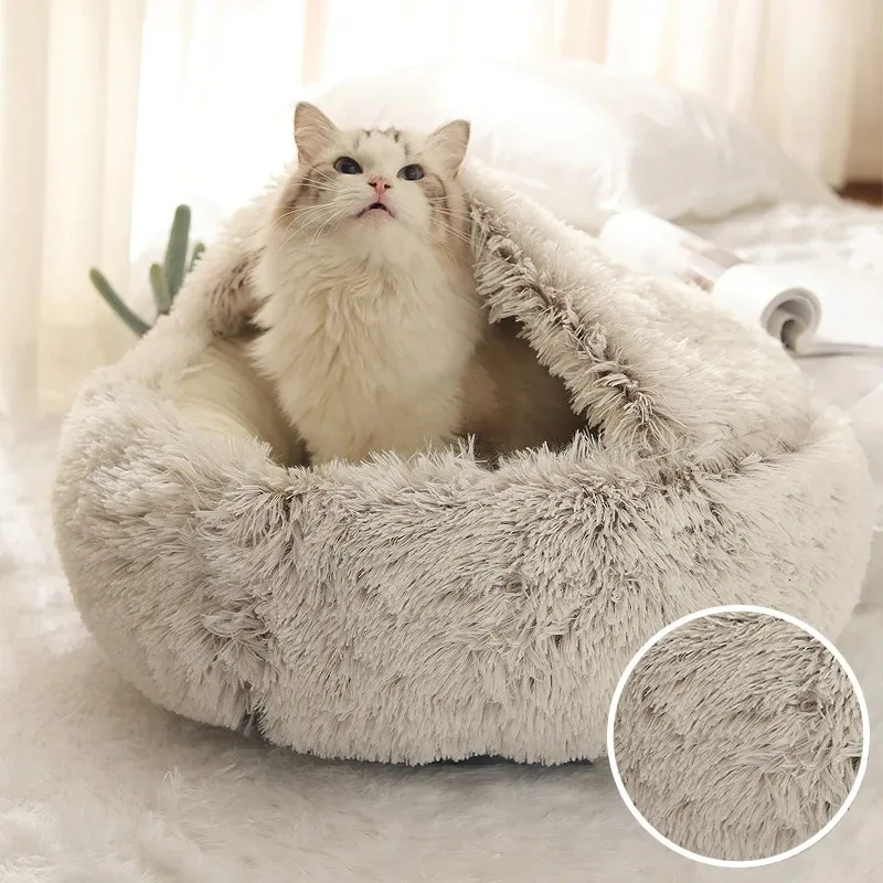 Kennele długopisy zimowe Plush Miękkie łóżko Sofa Cat okrągła poduszka ciepła 2 w 1 dom Puppy Nest Sleep Kennel dla małych piesek kotów 231124