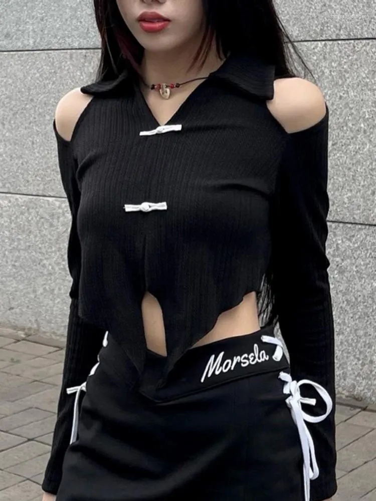 Women's T Shirts Off Shoulder Gothic Shirt Women Buckle Y2k Accessories Turn-Dowm Collar Sexy Blusas Aesthetic Clothes Long Sleeve