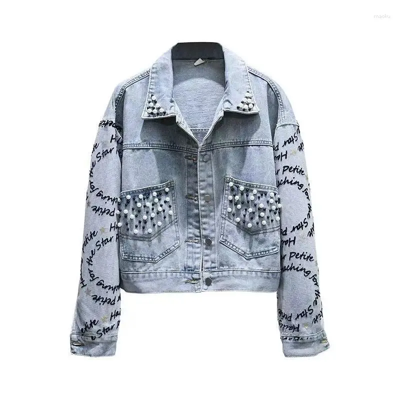 Frauen Jacken Stickerei Brief Perlen Jeans Jacke Beiläufige Lose Oberbekleidung Weibliche Kleidung Frühling Herbst Winter Mode