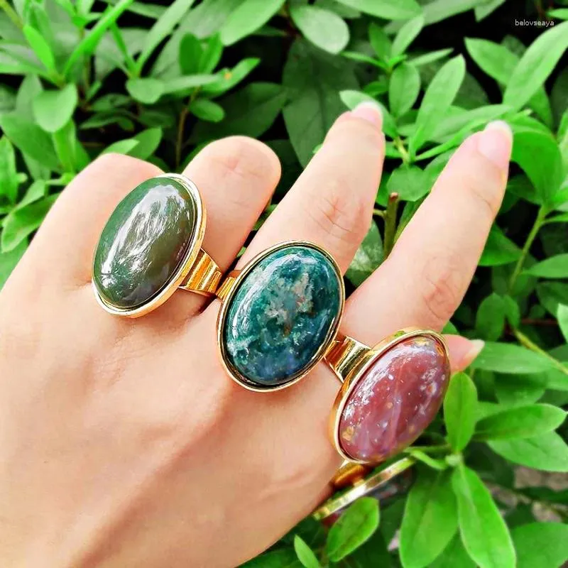 Anéis de cluster Komi liga oval incrustada semi preciosa pedras preciosas pedras naturais bloodstone tumblestones anel de punho senhoras banquete presente jóias