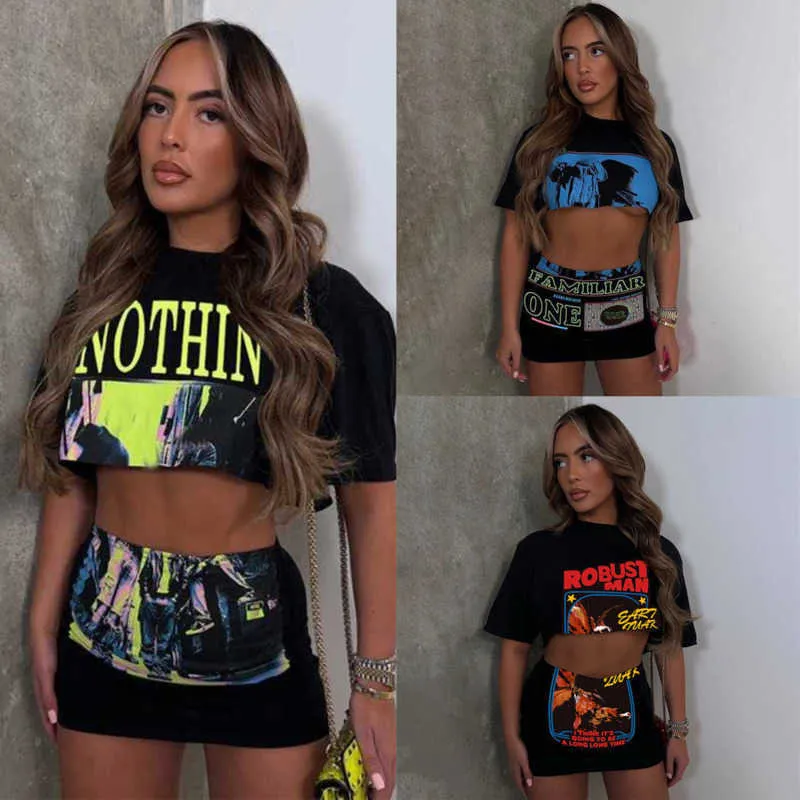 2023 Zomer Designer Jurk Dames Sexy Print Tweedelige Rok Outfits Losse Open Navelstreng Crop Top Hoge Taille Gewikkelde Heup Korte Jurk Set