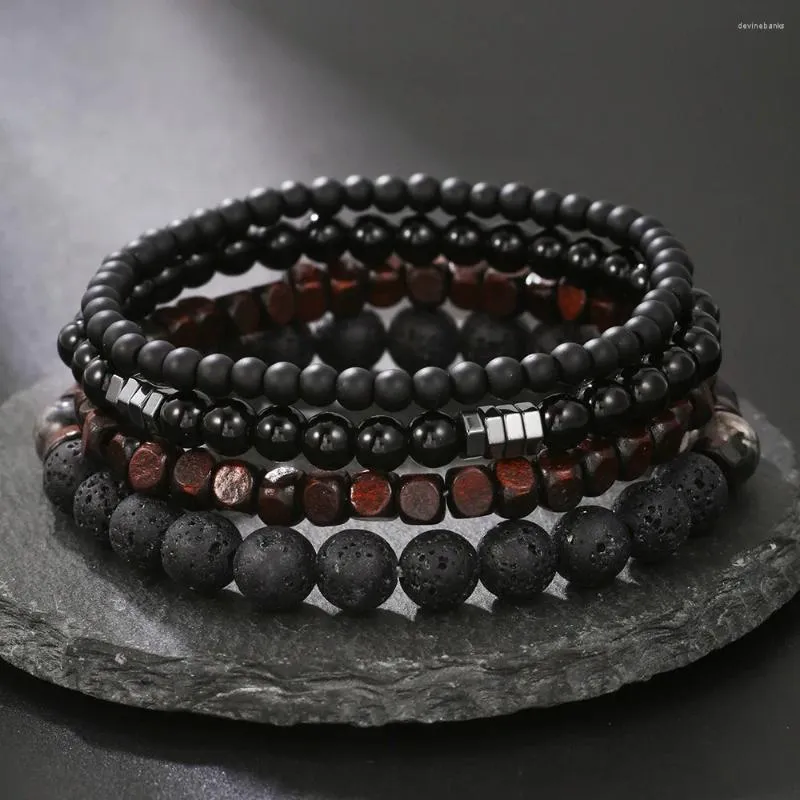 Ensemble de bracelets en pierre volcanique pour hommes et femmes, pierre volcanique givrée noire, perles en bois, Hip Hop, extensible, vente en gros