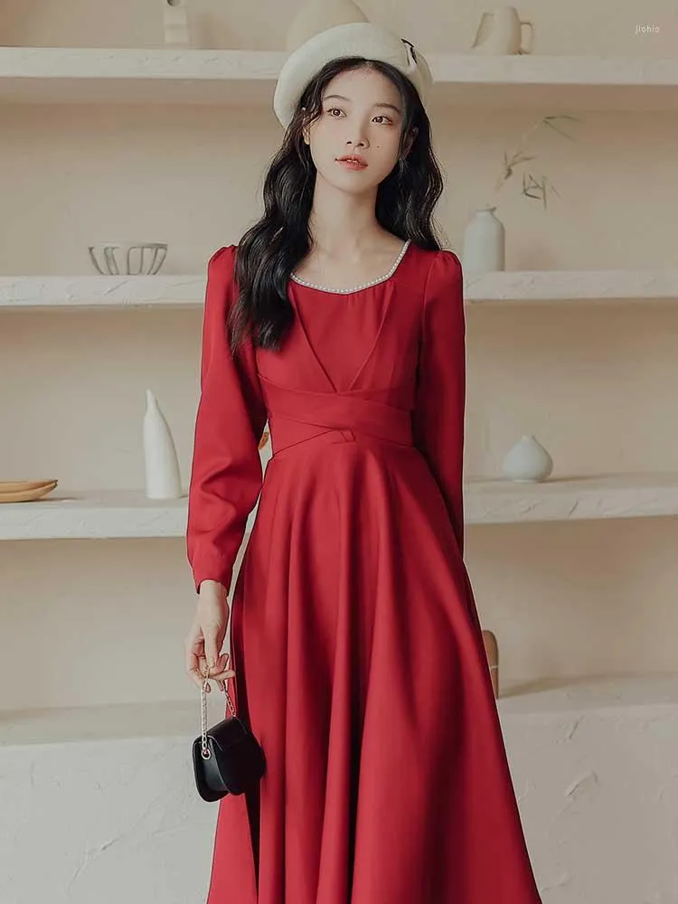 Casual Dresses Spring Vintage French Daily Hepburn Style Fashion Slim Beaded Square Collar Temperament Elegant Red Party Dress Vestido Robe