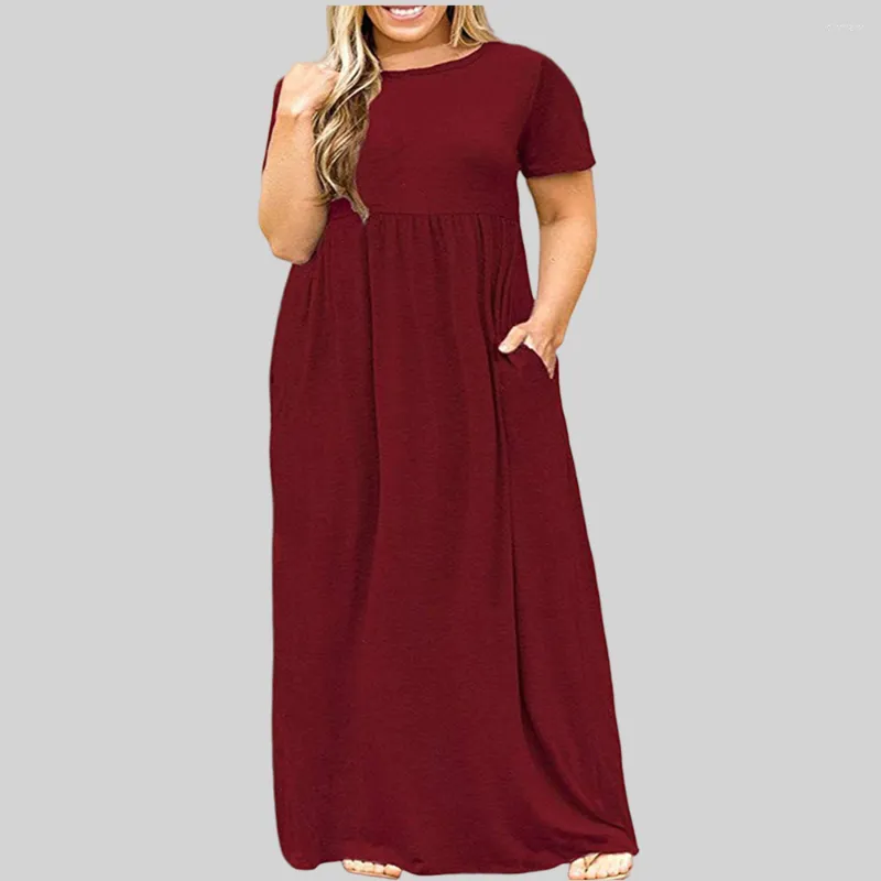 Plus size jurken vrouwen kleding zomer 2023 ronde nek massieve kleur afdruk lang met zakken l-5xl oversized