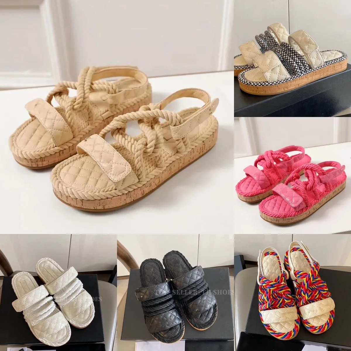 Designer Sandale Frauen Maultier Slipper Plattform Stoff Hanf Seil Grasrutschen Alphabet Kalbslederin Frau Schuh gewebte Laibers Frauen