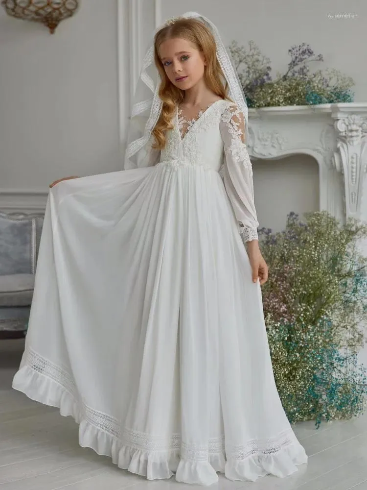 Robes de fille Boho fleur blanche a-ligne Appliques dentelle à manches longues pour mariage anniversaire soirée première Communion robes