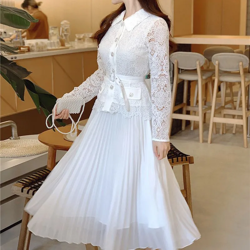 knee length dresses for ladies White Fine Lace Satin Maxi Dress – self-portrait-US main image 0