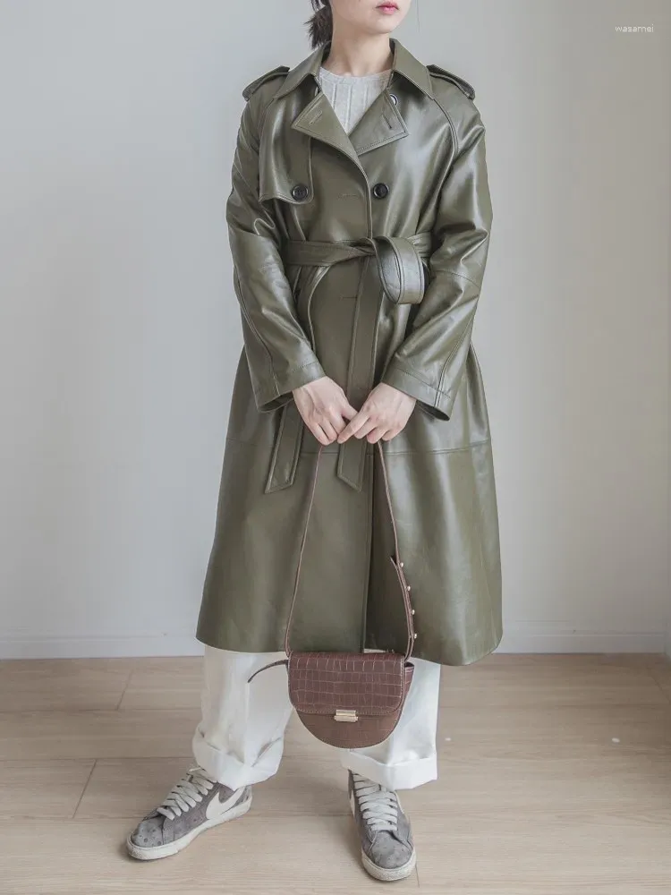 Frauen Leder 2023 Frauen Lose Fit Lange Natürliche Trenchcoat Zweireiher Gürtel Weiblichen Militärischen Stil Schaffell Echtes Jac