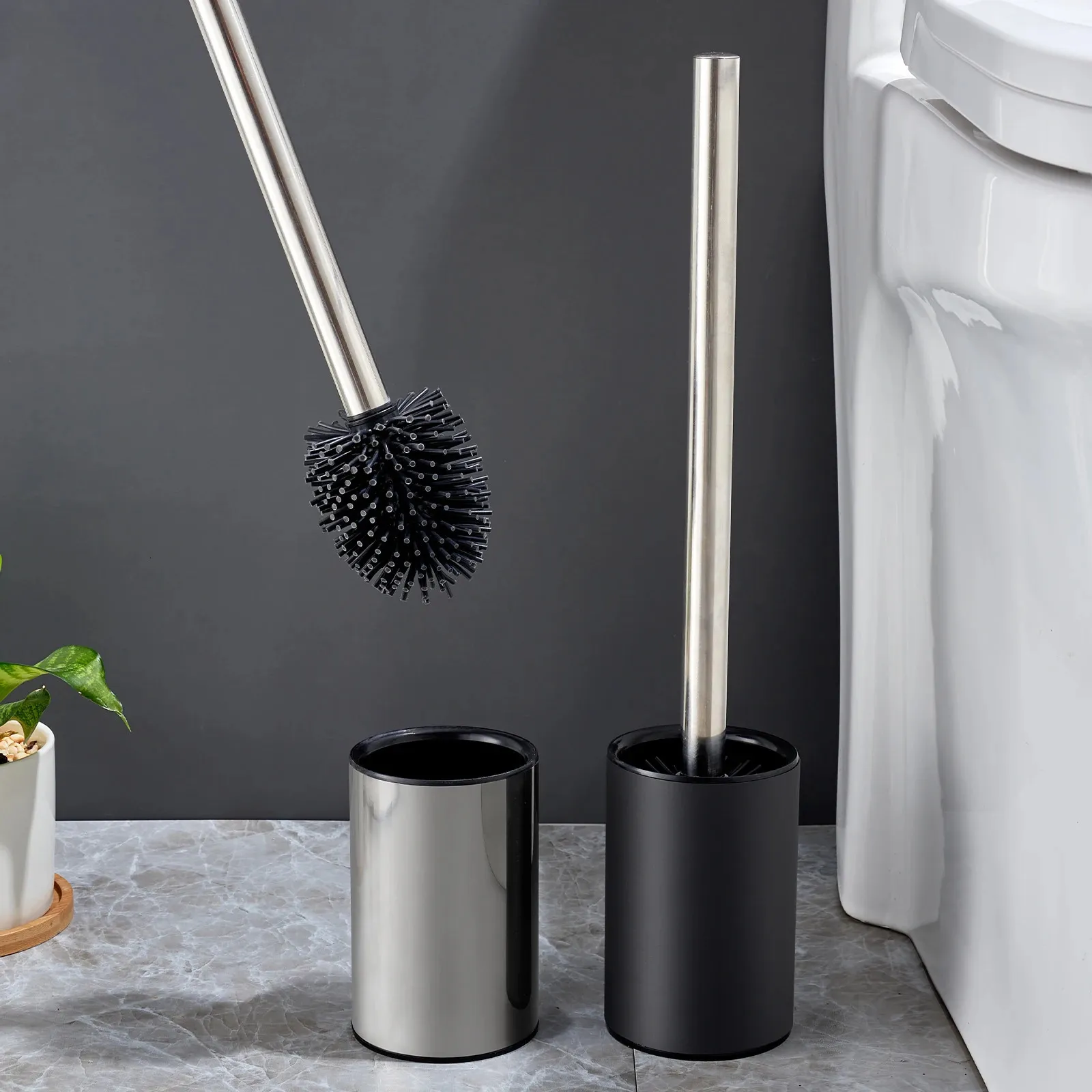 Suportes de escovas de toalete estilo inteligente aço inoxidável preto suporte de escova de toalete em pé alça longa escova de limpeza de toalete macio tpr cabeça de silicone 231124