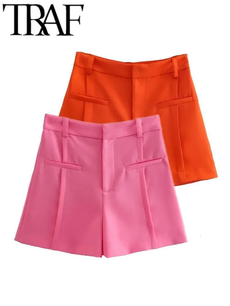 Women's Shorts TRAF Short Pant Summer Women Casual Trousers Zipper Fly Folds Detail High Waist Female Straight Shorts Pink 230425