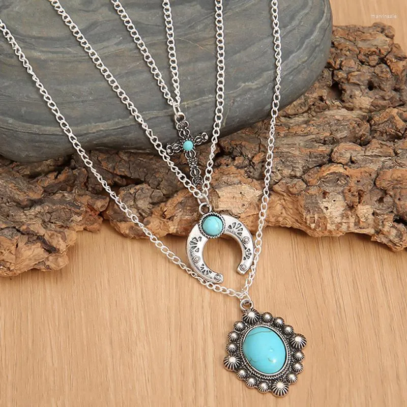 Chaînes trois couches tête de taureau Turquoise goutte d'eau corne multicouche collier bohème bijoux Vintage clavicule chaîne cadeau