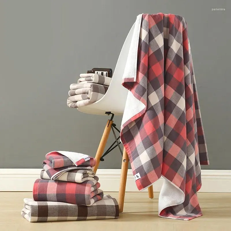 Serviette 2 pièces Style japonais Plaid dames hommes salle de bain visage bain ensemble coton gaze adulte 70x140cm 34x76cm