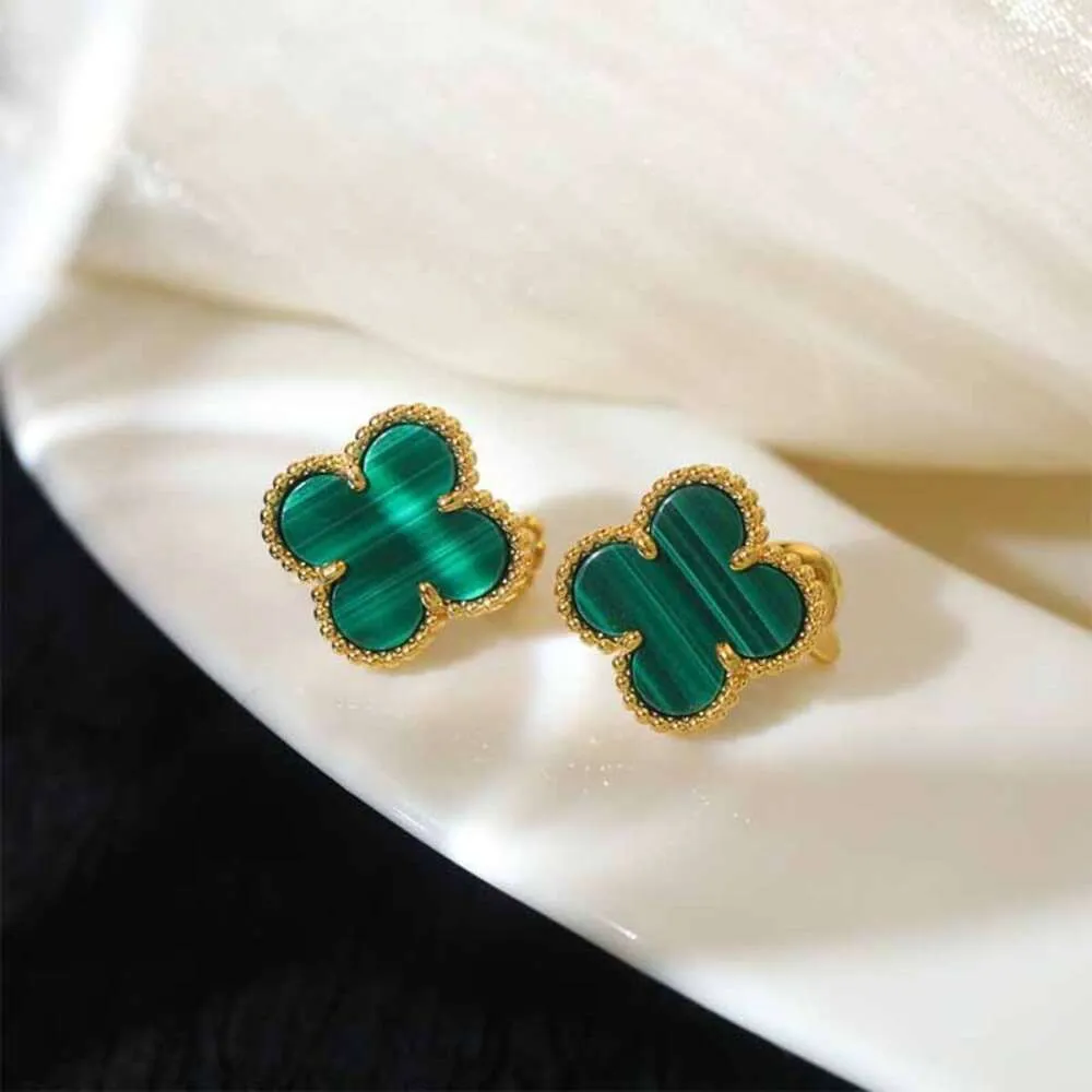 Luxury Classic 4/Four Leaf Clover Charm Live broadcast of Natural Malachite Earrings S Pure Silver High Quality Fashion Commuter