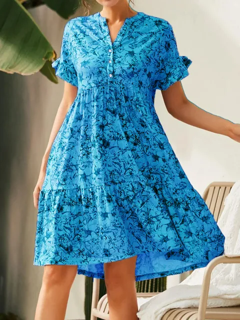 Women's casual smock dress: V-neck, Button Print, Short Sleeves, Loose Fit, Flare Sleeve - Spring/Summer Streetwear (Style #230425)Color: Coral/Floral Women's casual smock dress: V-neck, Button Print, Short Sleeves, Loose Fit, Flare Sleeve - Spring/Summer Streetwear (Style #230425)Color: Coral/Floral