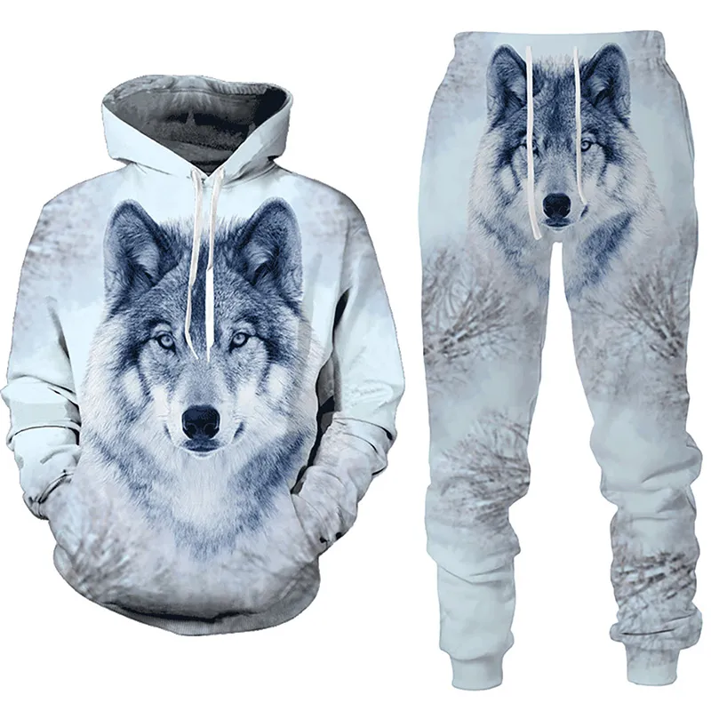 Män och kvinnor 3D -tryckt skog Wolf Style Casual Clothing Wolf Fashion Sweatshirt Hoodies and Trousers tränar 005