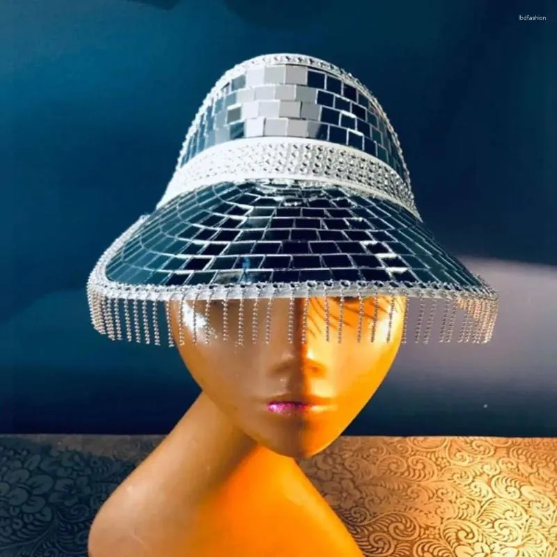 Chapéus de decoração de discoteca de vidro de espelho de brilho com viseira retrátil impressionante bola para DJ Club Stage