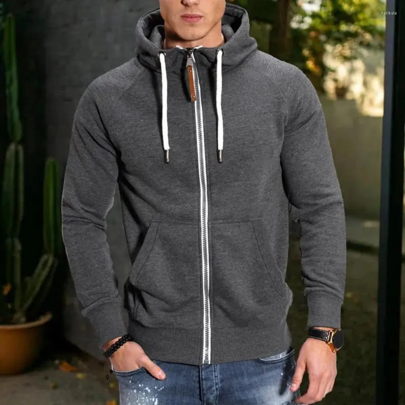 Hoodies masculinos casaco com capuz grosso fecho de zíper com cordão retalhos bolsos de comprimento médio inverno outono hoodie térmico