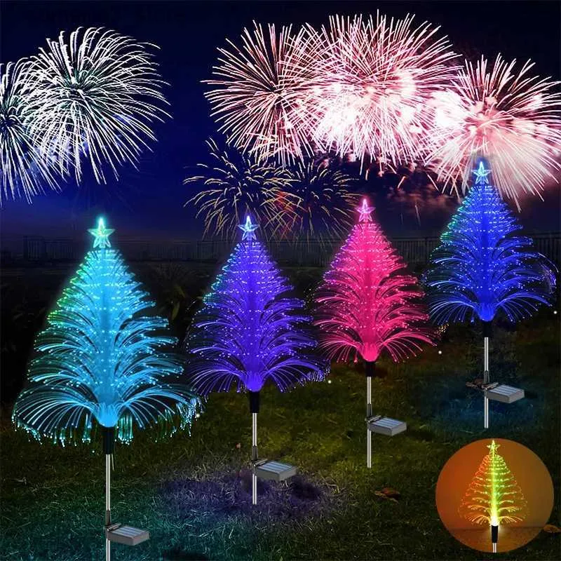 Lâmpadas de gramado Solar Árvore de Natal Estrela Luzes Alimentadas Caminho Luz Fibra Óptica Gramado Lâmpada de Chão Ao Ar Livre Quintal Jardim Festa Festival Park Decor Q231125