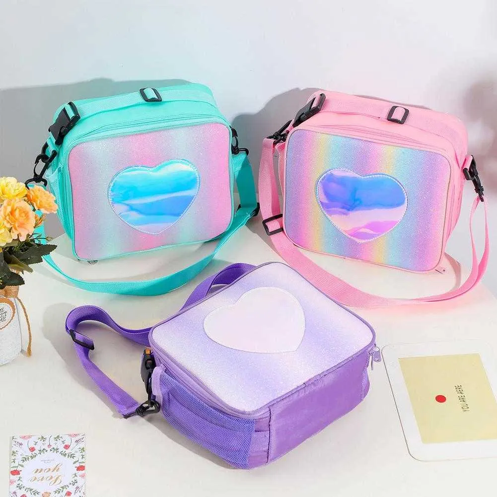 Eisbeutel/Isothermische Taschen Rainbow Loving Heart Laser Lunch Bag Tragbare Bento-Tasche für Kinder Thermoisolierte Lunchbox Tragetasche Kühltasche Umhängetasche J230425