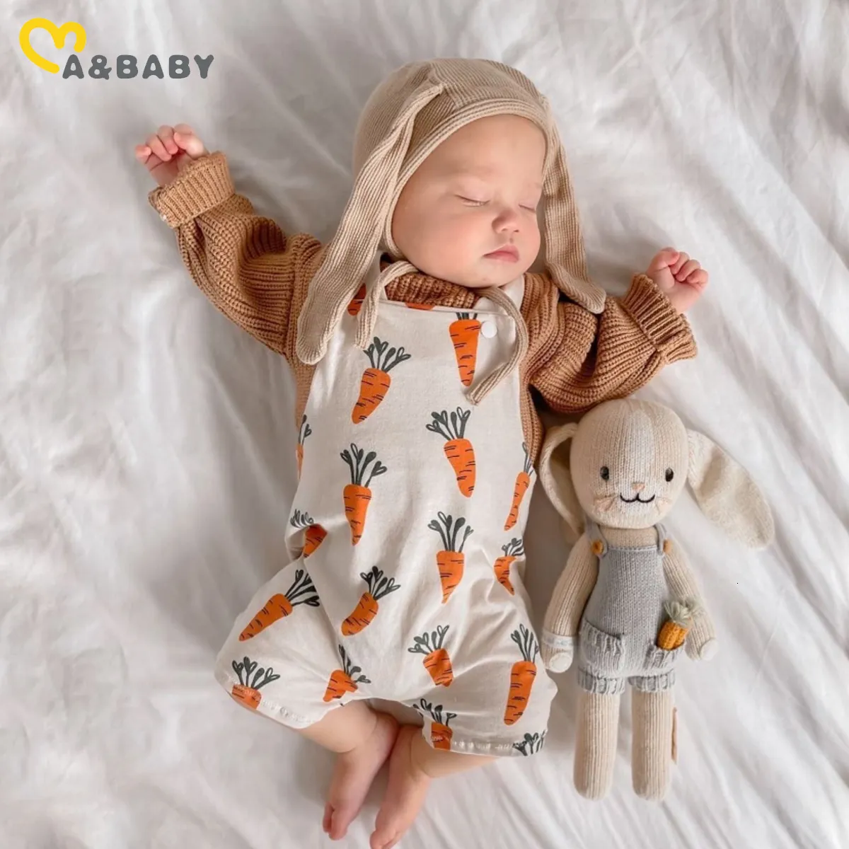 ROMPERS MA Baby 0-24m Pâques pour tout-petit Born Baby Girl Boy Barfer Deer Carrot Imprime sans manches