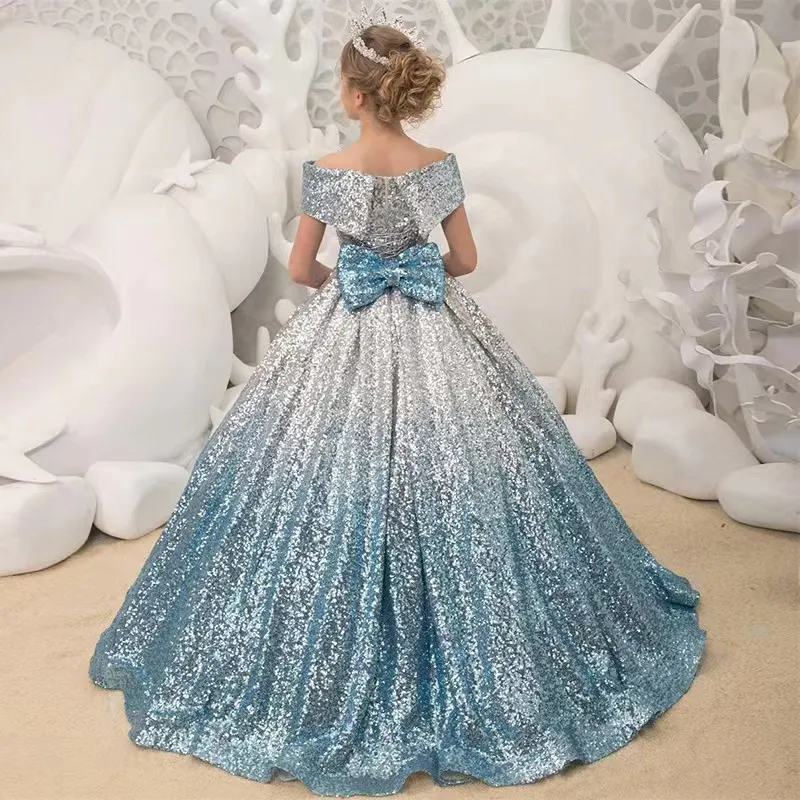 2023 Flower Girl Dresses per matrimonio paillettes spalle grandi fiocchi backless Bambini Pageant Dress perline Ragazze baby Birthday Party festa di compleanno Abiti di Natale