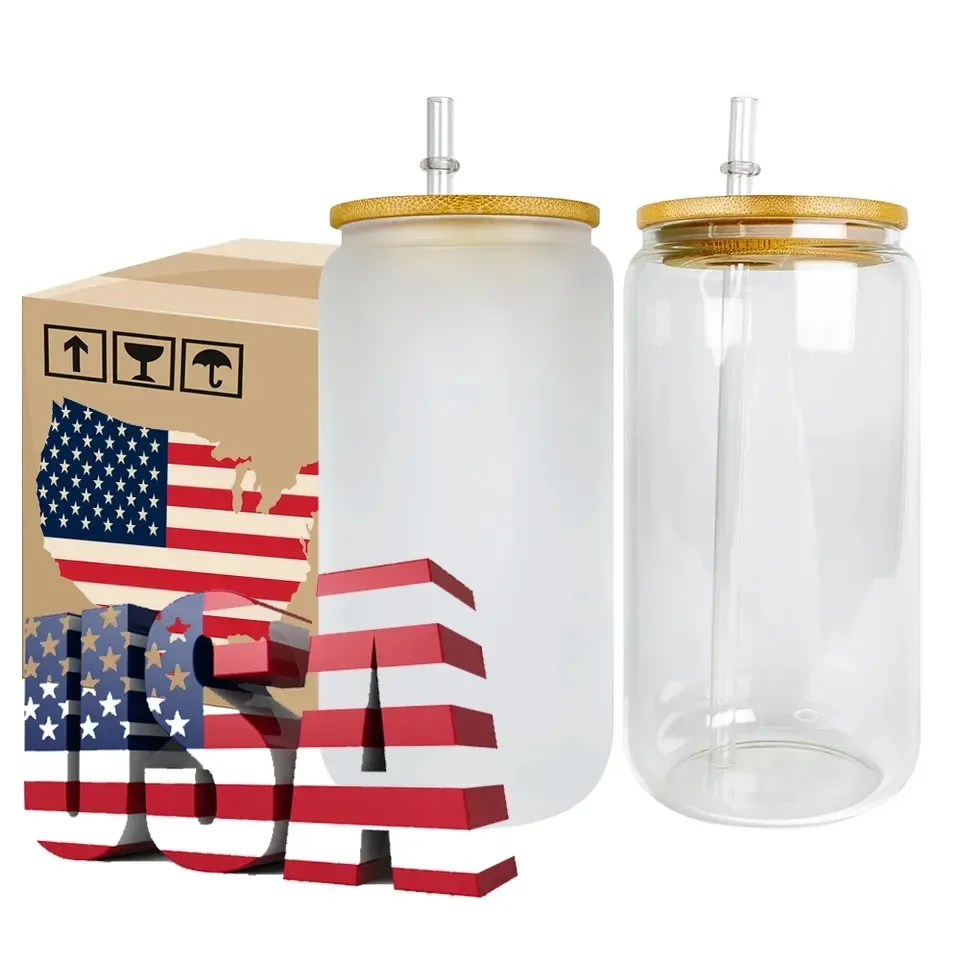 Warehouse US/CA 16oz Sublimation Glass Beer Mugs with Bamboo Lid Straw DIY Blanks Frosted Clear Can Shaped Tumblers Cups Heat Transfer Tail