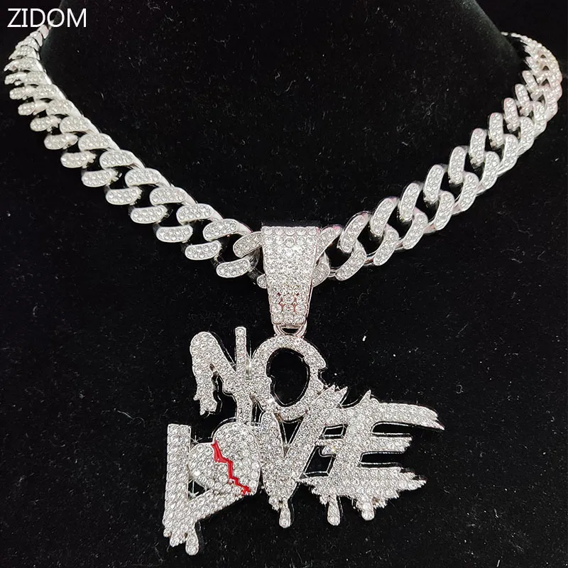 Fili Stringhe Hip Hop Catene cubane NO LOVE Collana Pendenti per uomo e donna Heart Broke Statement Collane Gioielli Iced Out Bling Chain 230424