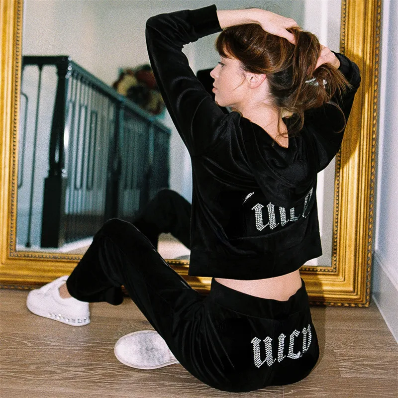 Women's Tracksuits Sports Leisure Rhinestone Letters Logo Two-piece Sets Long Sleeves Sportswear