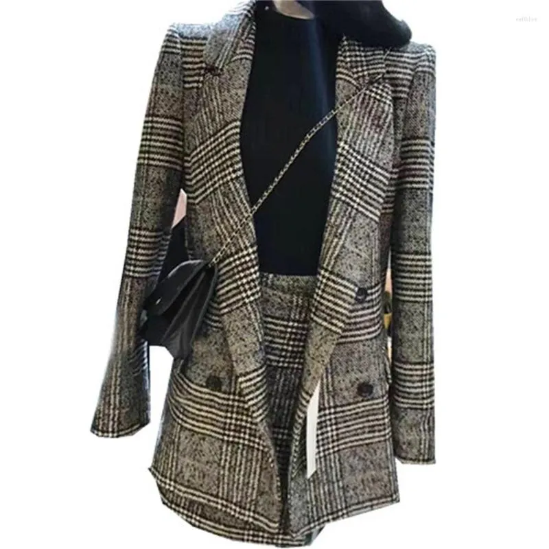 Zweiteiliges Kleid Frühling und Herbst Damen Korean Fashion Casual Slim Plaid Anzug Jacke Kurzer Rock Zweiteilig