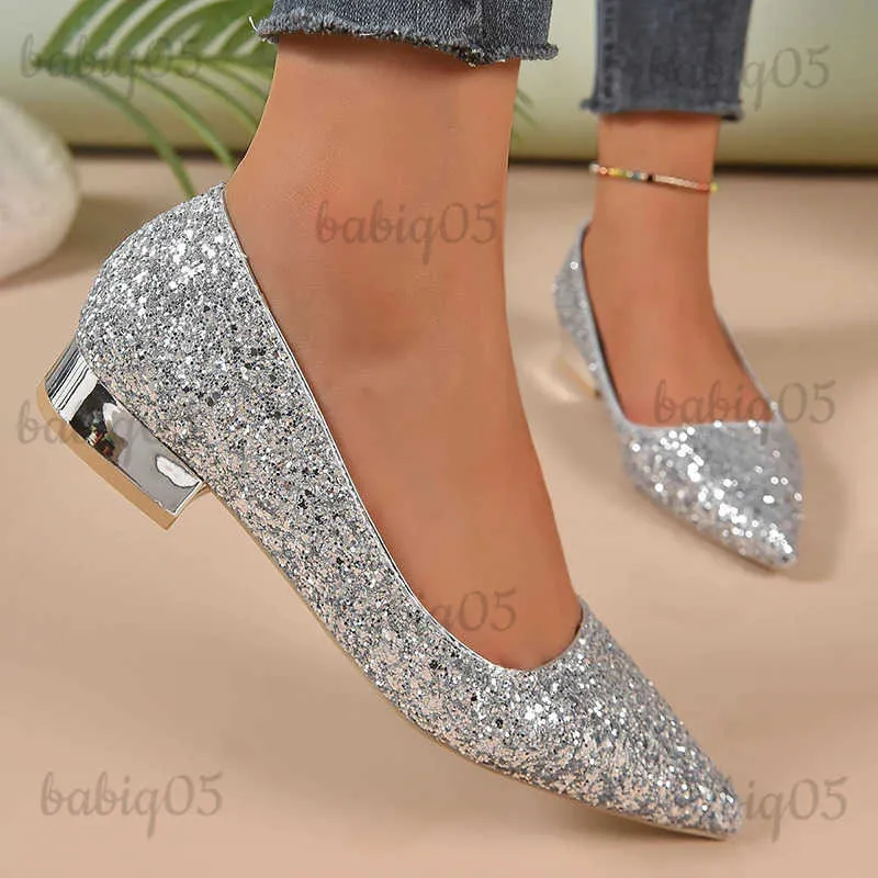 Scarpe eleganti Argento Décolleté con tacco basso Donna 2023 Autunno Paillettes lucide Scarpe a punta Scarpe da festa Donna Taglie forti Scarpe da donna semplici con tacco spesso T231125