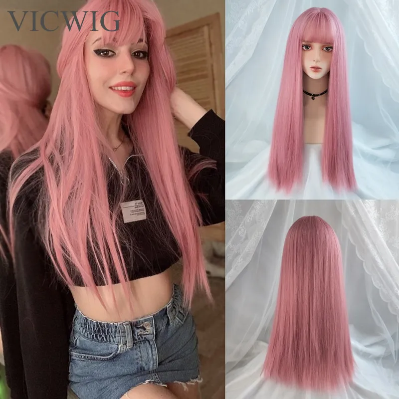 Parrucche sintetiche VICWIG Cosplay con frangia capelli lisci lunghi 24 pollici resistenti al calore rosa per le donne 230425